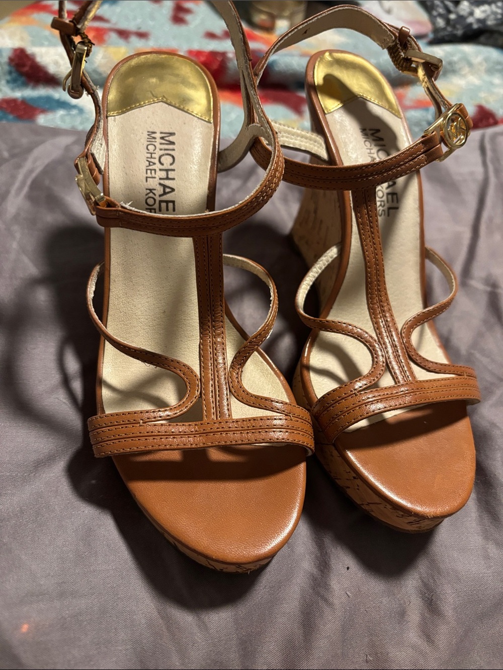 MICHAEL Michael Kors Brown Leather T-Strap Platform Sandals